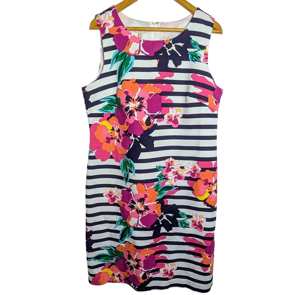 Talbots White Floral Striped Print Dress Sleeveless Sheath Summer Casual Sz 14‎